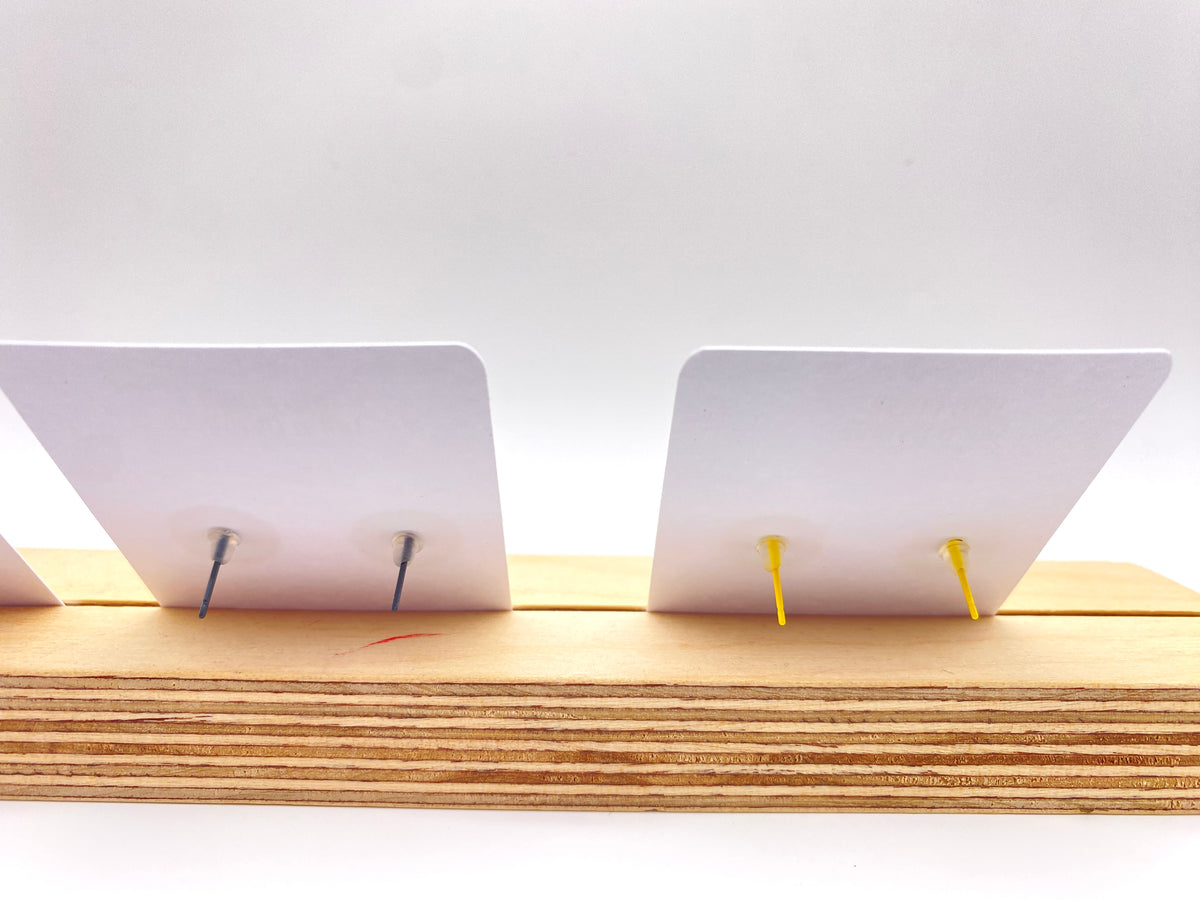 Stud Earrings. Stunning Two tones of Pink Leftover Fabric in a Yellow or grey stud earring setting.  Collection –Zero Waste
