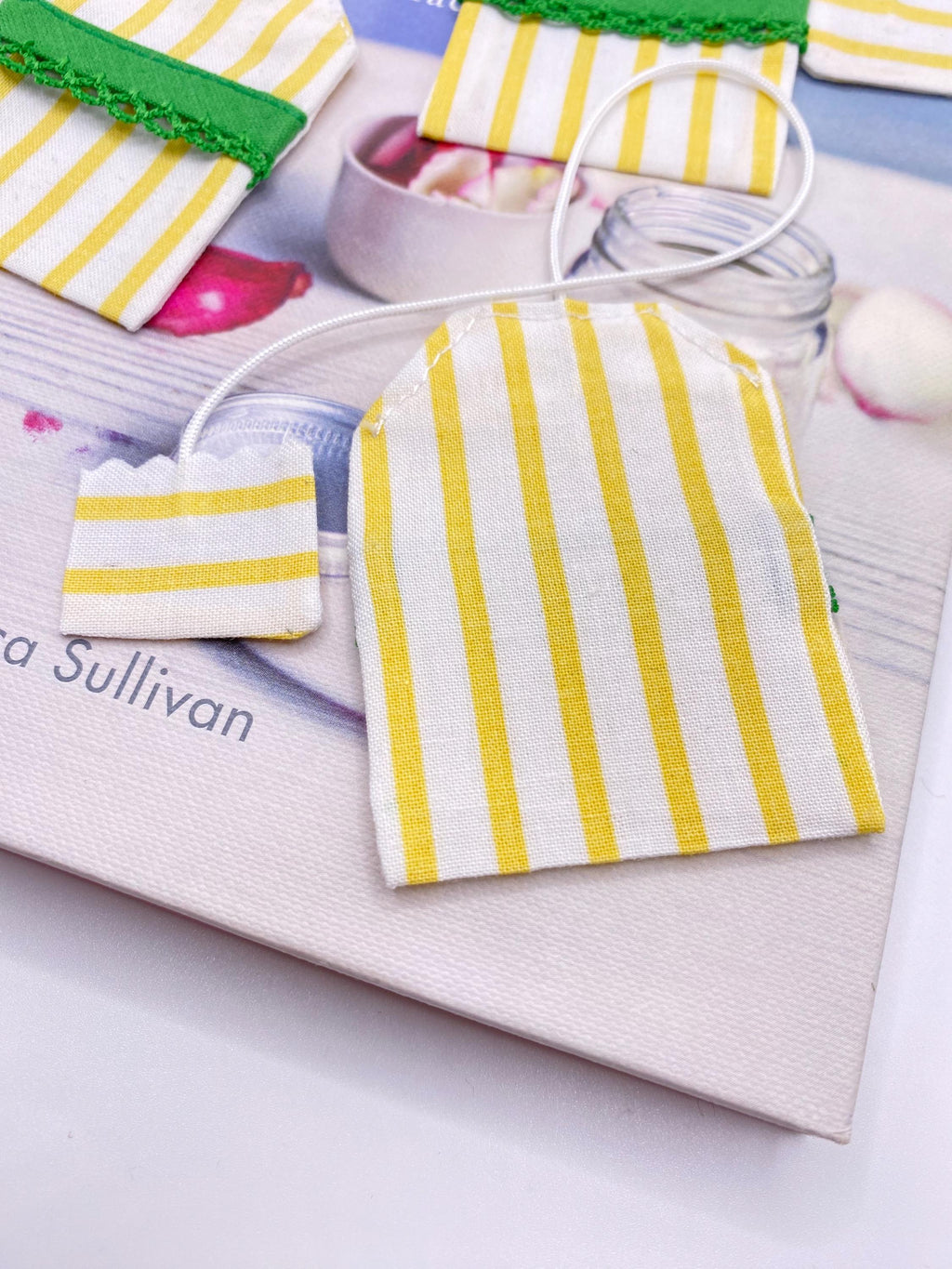 Fabric Tea Bag Bookmark: Yellow & Green Stripy Reader Gift