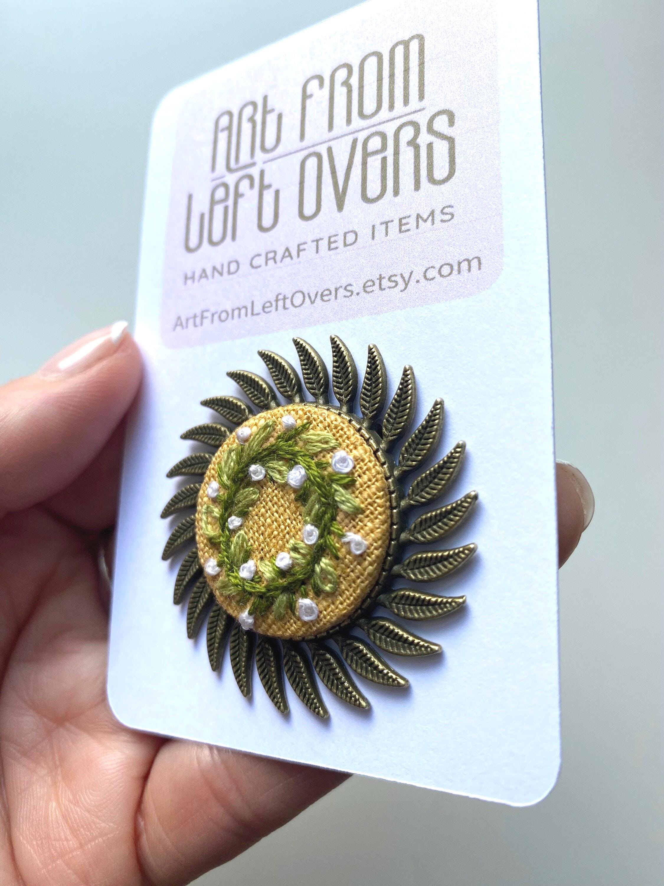 Hand Embroidered Floral Wreath Brooch: Botanical Antique Brass Pin