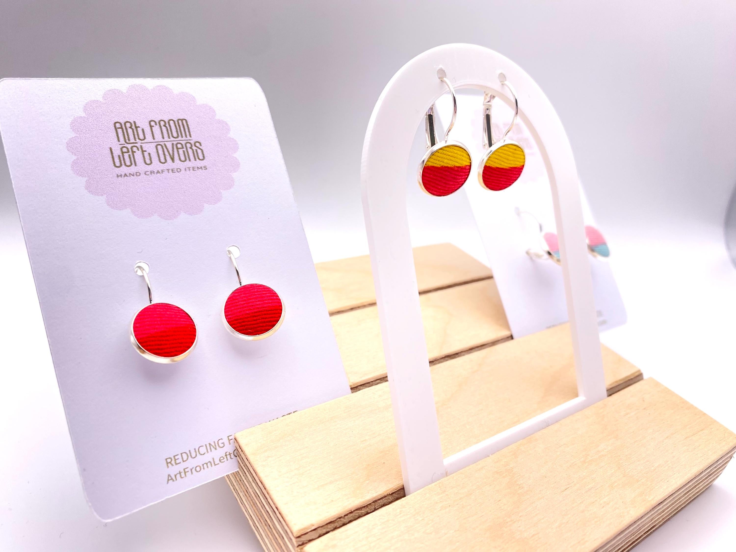 Upcycled Fabric Earrings: Geometric Leverback Hoops, Colorful Cotton