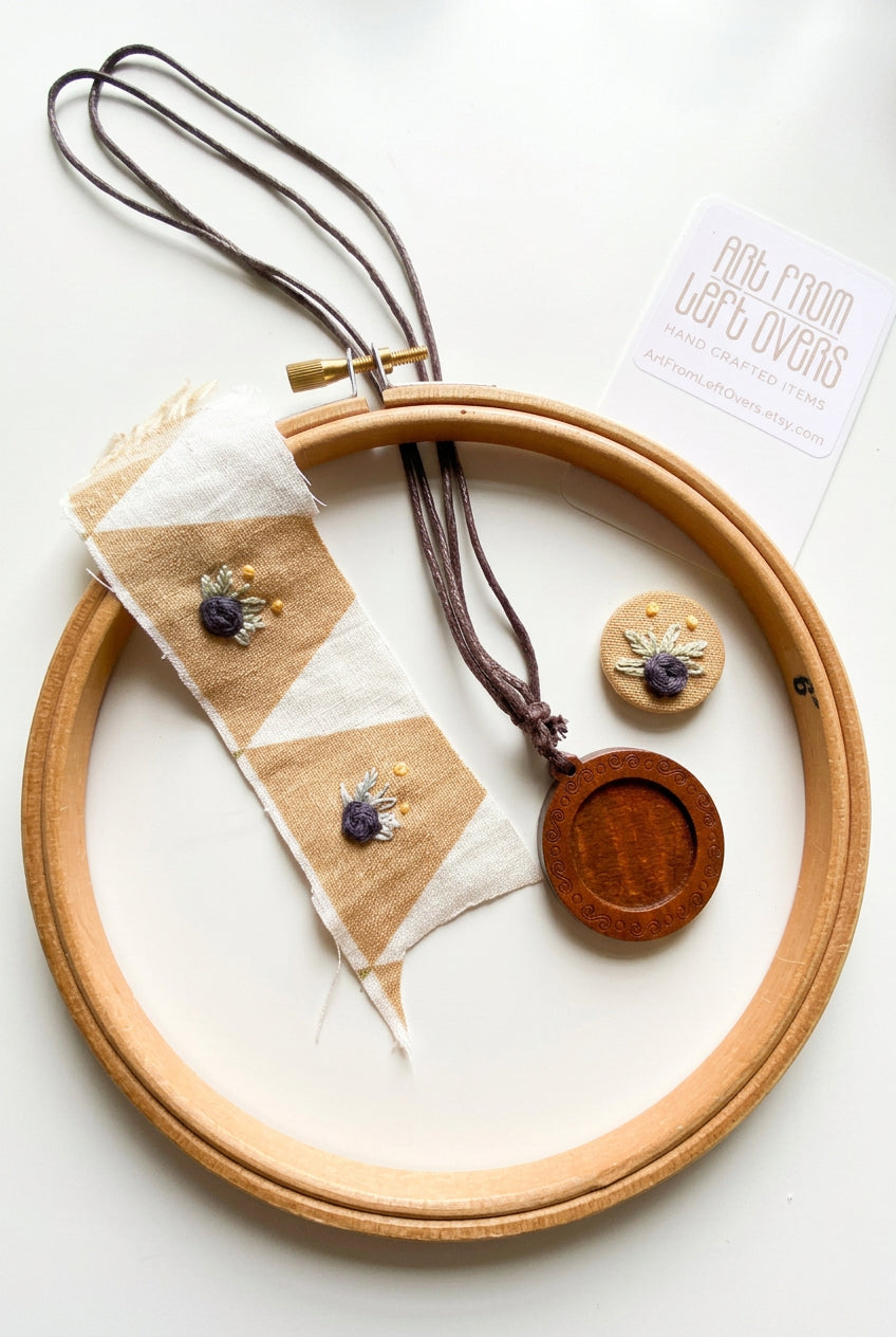 Handmade Floral Embroidery Necklace: Wooden Pendant, Adjustable Cord. Made from Fabric Leftovers.