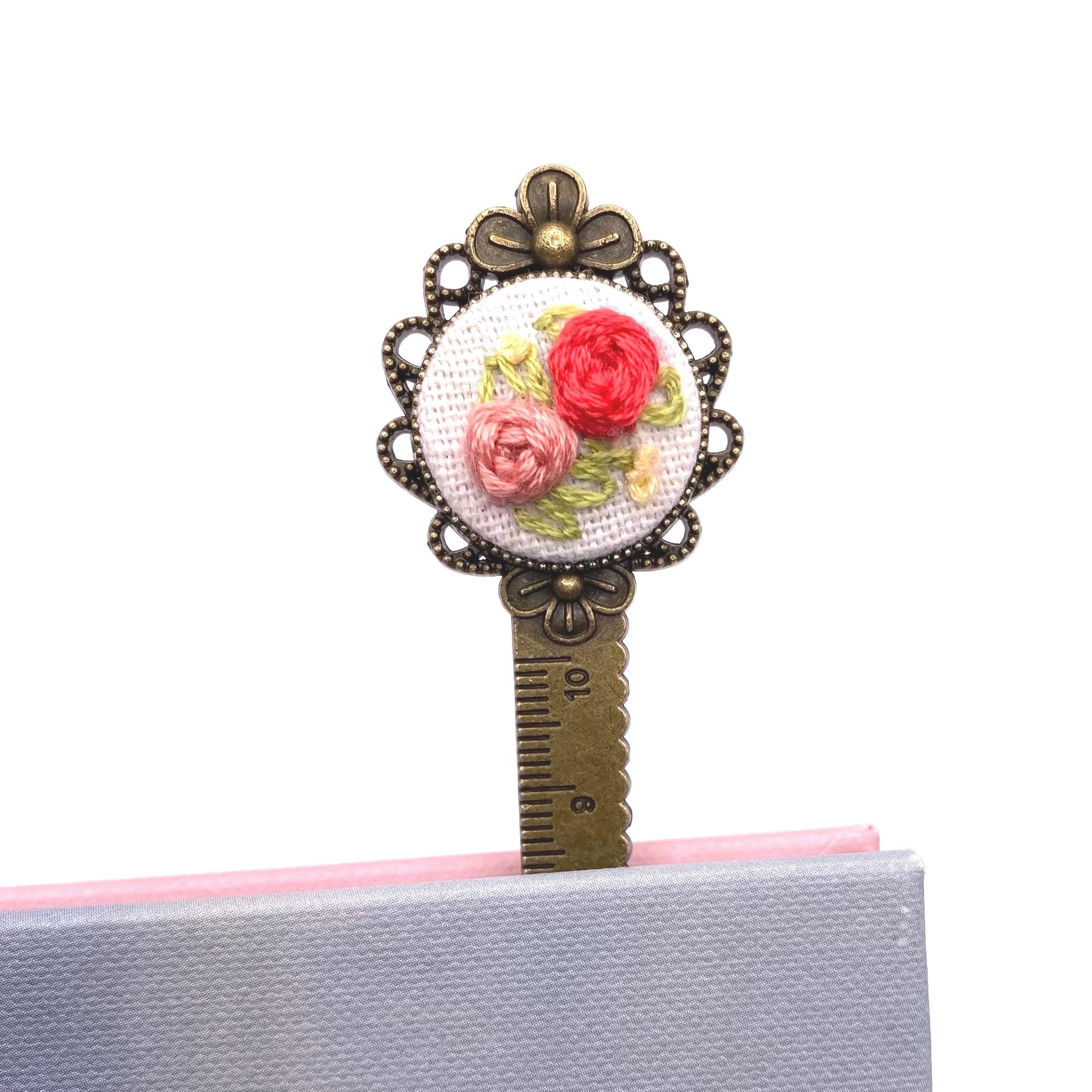 Handmade Fabric Bookmark Ruler – Embroidered Floral Design, Reading Accessory