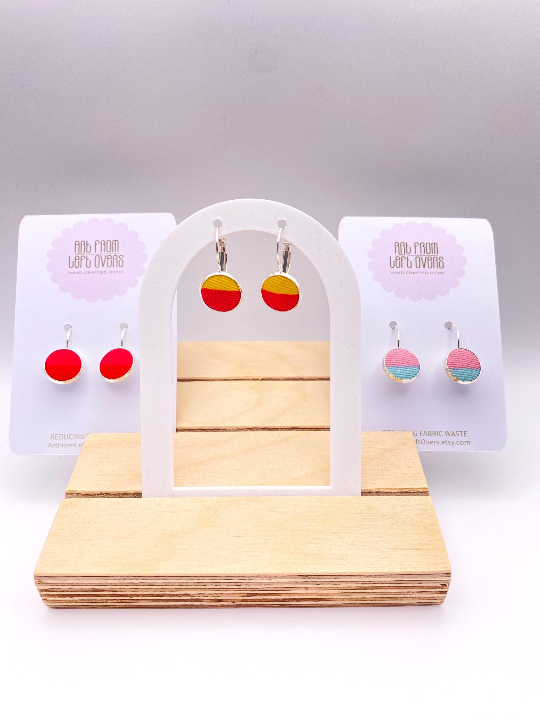 Upcycled Fabric Earrings: Geometric Leverback Hoops, Colorful Cotton