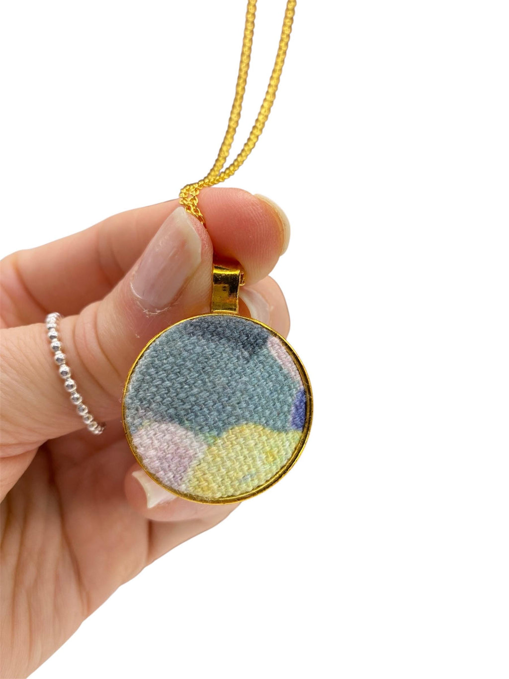 Blue & Yellow Upcycled Fabric Pendant Necklace – Handmade Eco Jewellery
