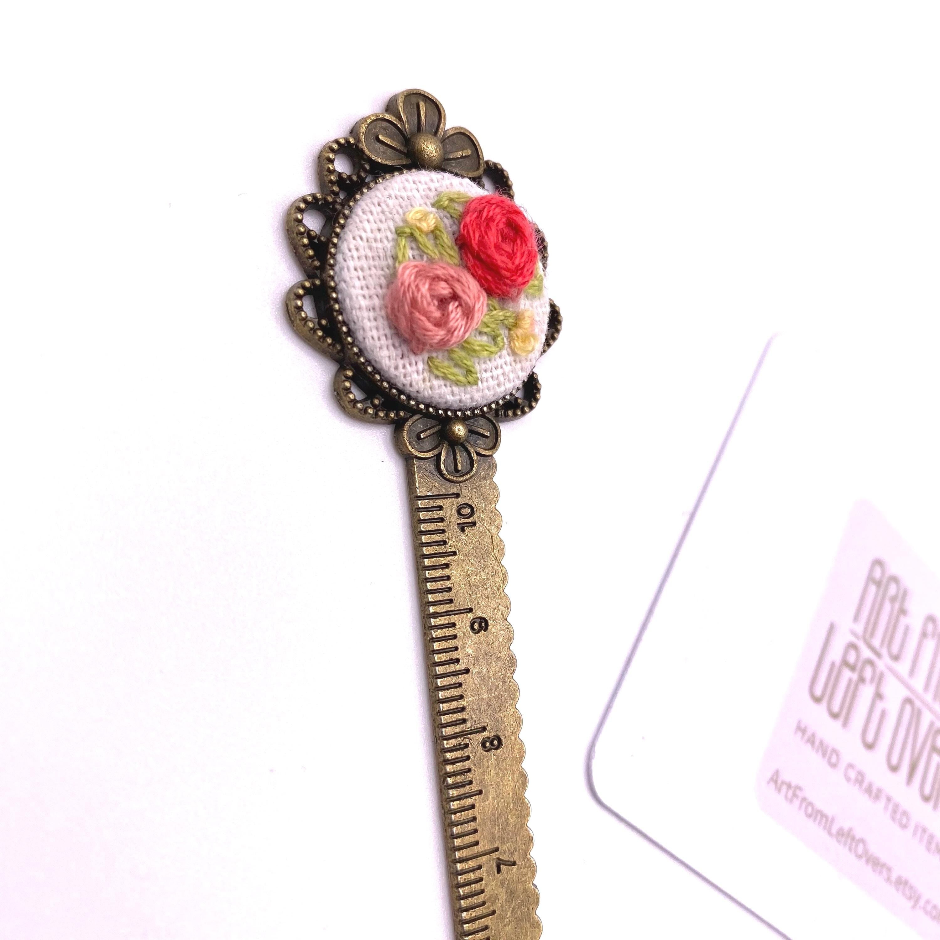 Handmade Fabric Bookmark Ruler – Embroidered Floral Design, Reading Accessory