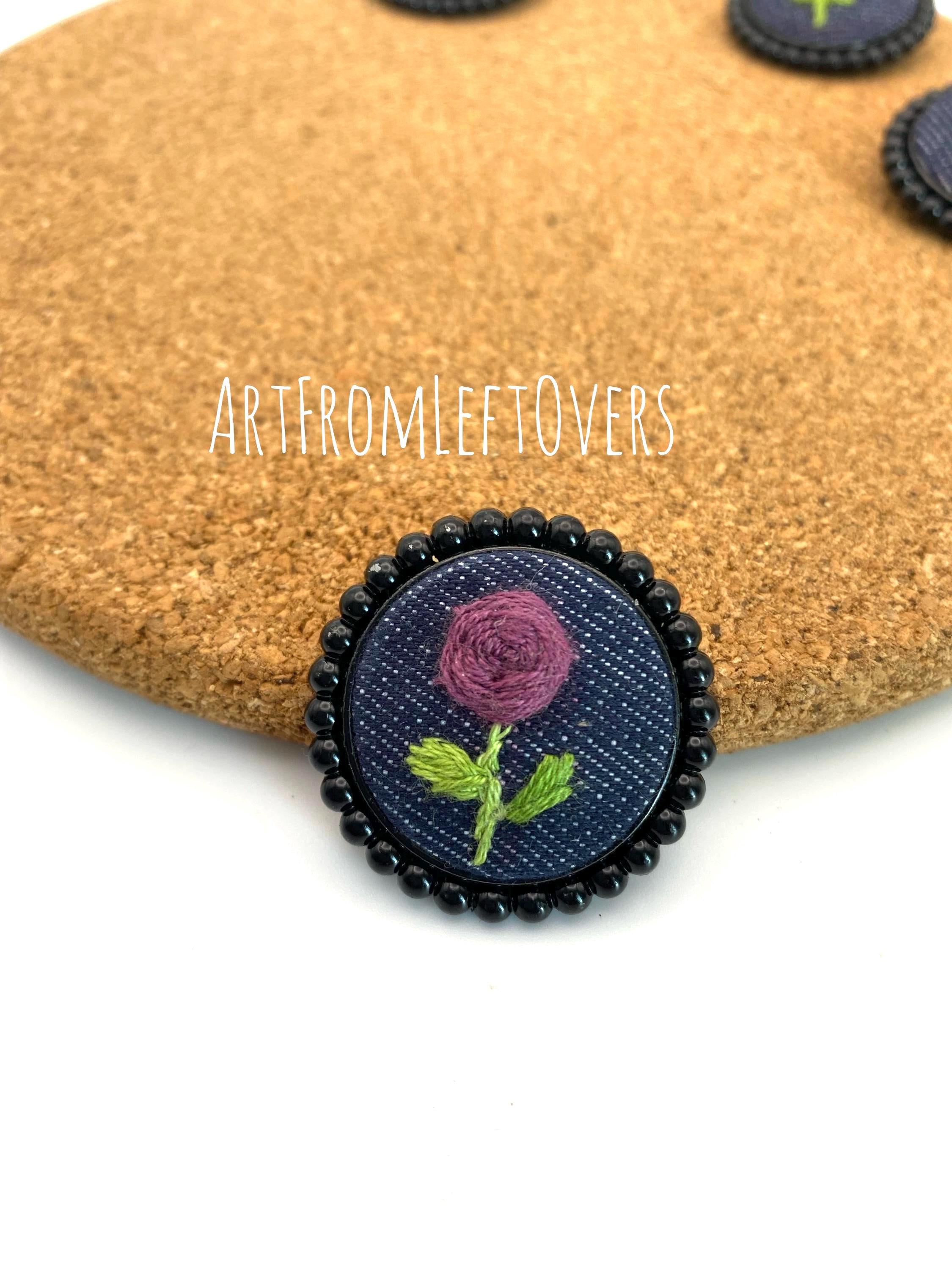 Handmade Embroidered Denim Flower Brooch: Black Beaded Edge