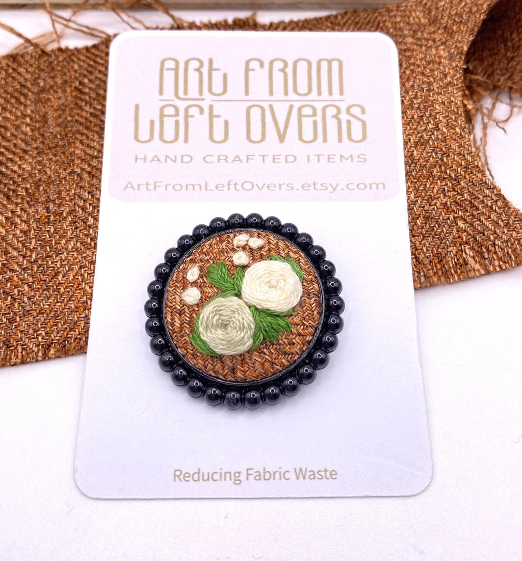 Handmade Embroidered Flower Brooch, Upcycled Fabric Beaded Trim
