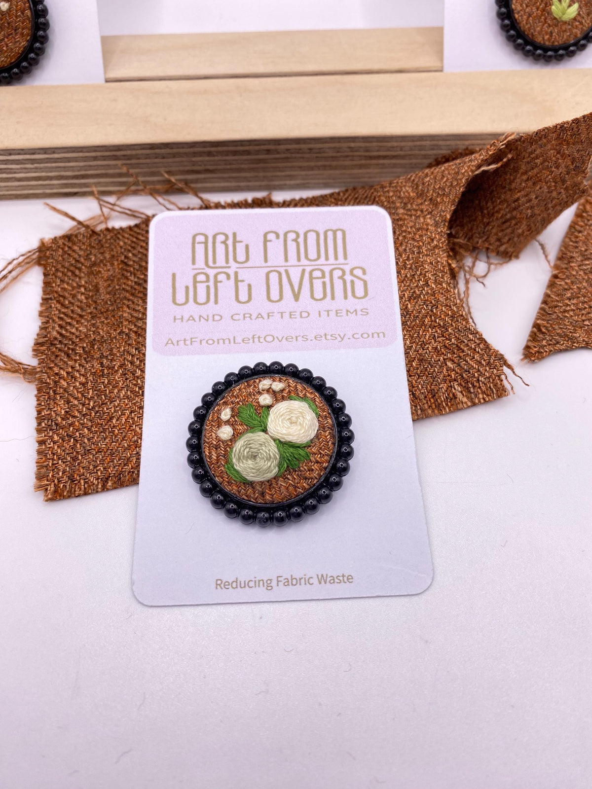 Handmade Embroidered Flower Brooch, Upcycled Fabric Beaded Trim