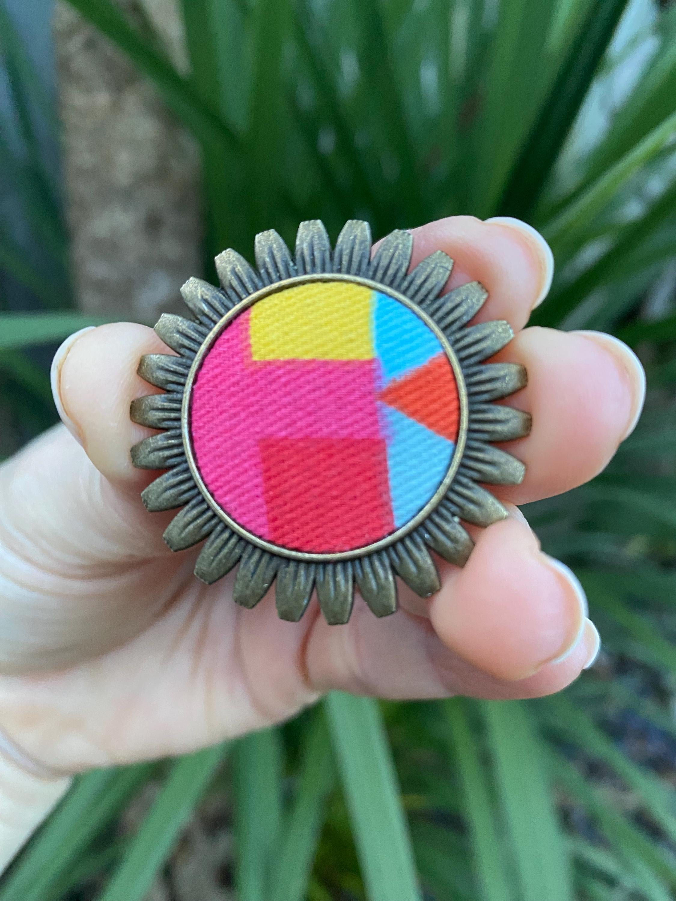 Handmade Upcycled Brooch/Necklace for women: Multicoloured Fabric, Antique Brass Style