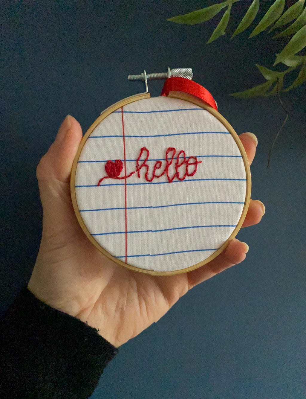 Hand Embroidered Mini Hoop Art –  'Hello'