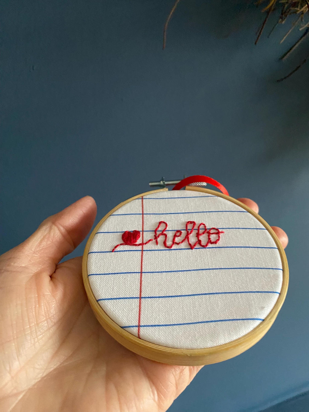 Hand Embroidered Mini Hoop Art –  'Hello'